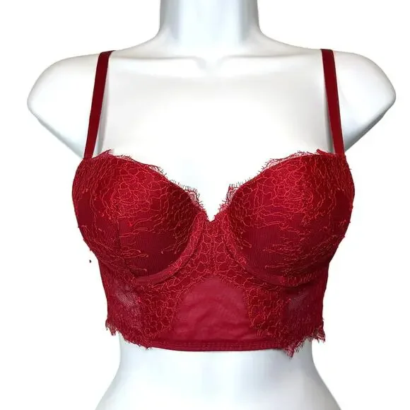 Victoria’s Secret Balconette Bra 32C Strappy Red Lace Long Line Corset Push Up - Picture 1 of 11